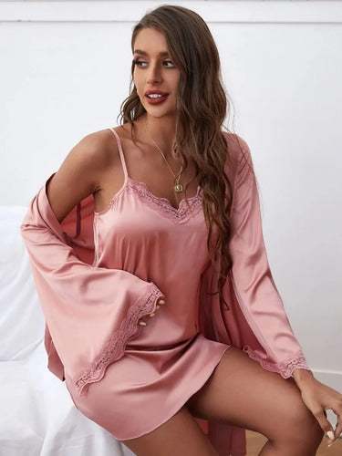 Camisón Y Bata Satín Lencería Set De Pijama Babydolls Pj 04