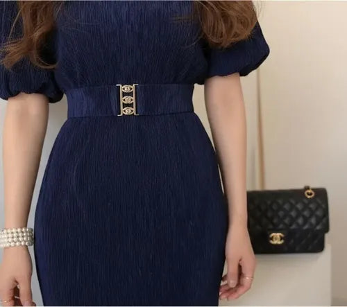 Vestido  Coctel Fiesta Mangas Cinturón Va 436 Azul L