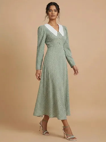 Vestido largo verde estampado manga larga