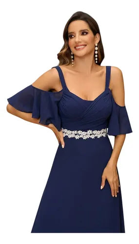 Vestido Fiesta Largo Gasa Matrimonio Bordado Mangas Ep 436