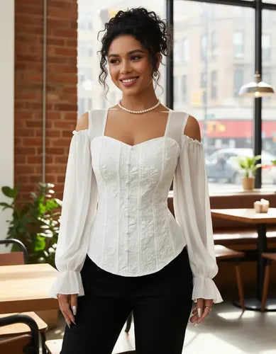 Blusa Top Mujer Hombros Descubiertos Mangas Bb 63 Blanco M