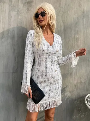 Vestido Tweed Ajustado Cóctel Ribete Con Fleco Va 510
