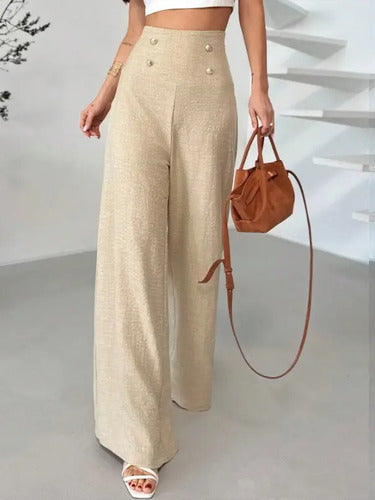 Pantalon Mujer Cintura Alta Pierna Ancha Pt 14 Beige Xs