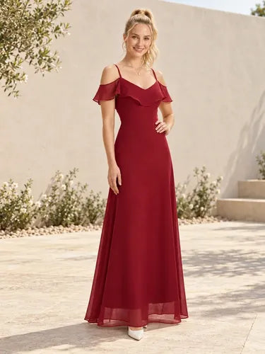 Vestido largo burdeo de gasa manga caída