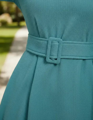 Vestido Con Cinturón Manga Larga Vintage Va 519 Turquesa M