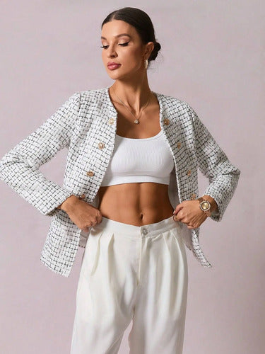 Blazer  Abrigo  Chaqueta Mujer Tweed Bolsillos Forrado Bb 45 Blanco S