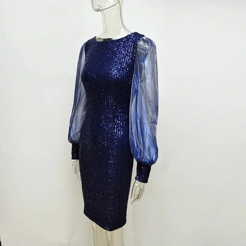 Vestido Fiesta Lentejuelas Azul Manga Larga Vl 30