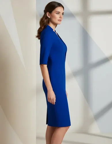 Vestido corto azul formal corte tubo con manga corta