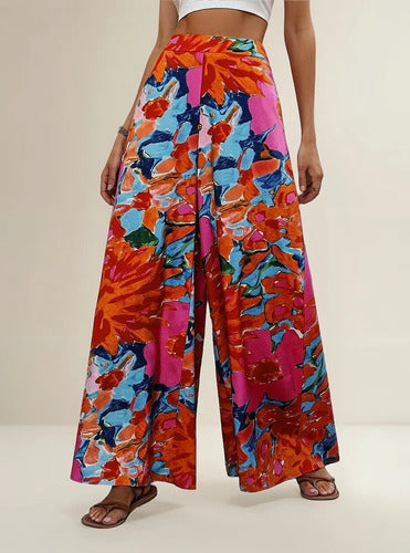 Pantalón Estampado Mujer Cintura Alta Pierna Ancha Pt 05