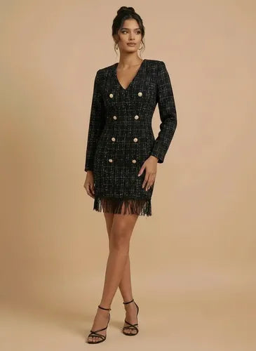 Vestido corto beige y negro tweed con fleco manga larga