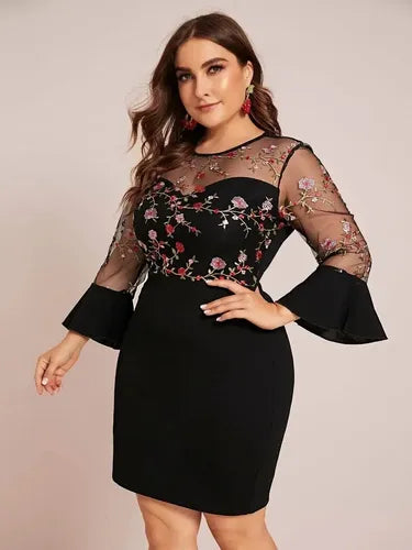 Vestido Negro Ajustado Con Mangas Talla Grande Vg 94