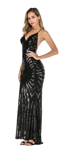 Vestido Fiesta Largo Negro Dorado Lentejuelas  Vl 27