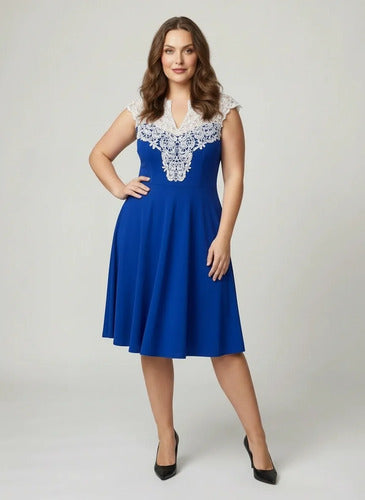 Vestido corto azul evasé sin mangas escote V talla grande