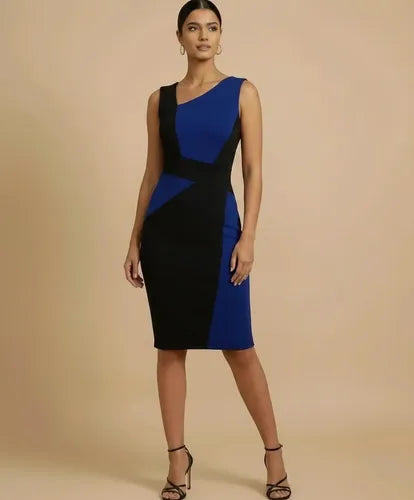 Vestido midi azul y blanco tubo cuello cubierto oficina