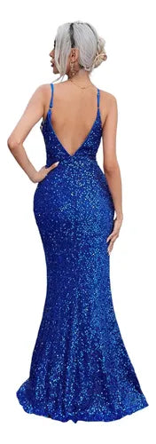 Vestido Fiesta Largo Mujer Escote V Lentejuelas Vl 74