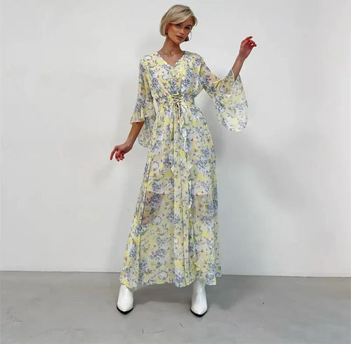 Vestido Largo Gasa Con Flores Vintage Femenino Vd 117