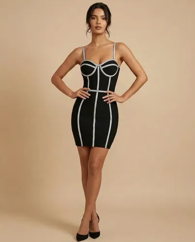 Vestido corto negro vendaje elasticado ajustado de fiesta