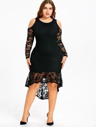 Vestido Negro De Encajes Asimétrico Talla Grande Vg 32 Negro Xl