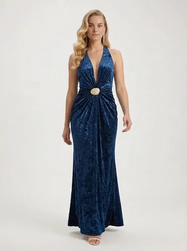 Vestido largo azul ajustado escote V de fiesta