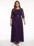 Vestido largo violeta de encaje manga larga