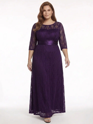 Vestido largo violeta de encaje manga larga