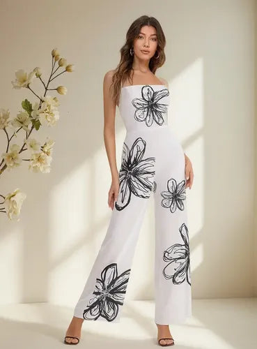 Mono blanco con estampado floral sin mangas de fiesta de una pieza
