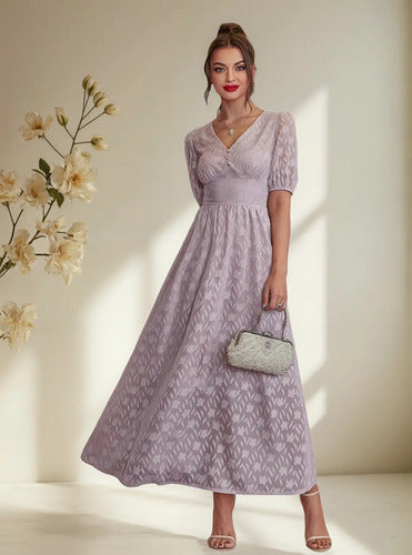 Vestido Largo Escote V Romántico  Va 571 Rosa S