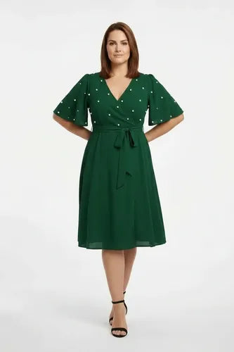 Vestido corto multicolor gasa con perlas evasé talla grande