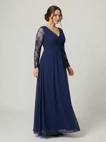 Vestido largo de fiesta evasé en gasa con manga larga