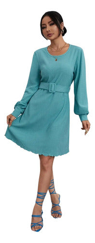 Vestido Con Cinturón Manga Larga Vintage Va 519 Turquesa M