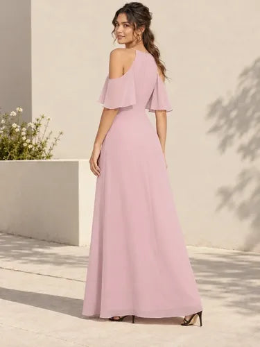 Vestido largo rosa halter de gasa para gala
