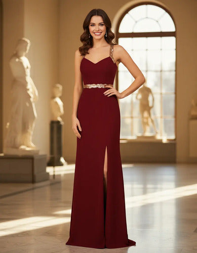 Vestido Fiesta Largo Ep 244 Burdeo-plateado M