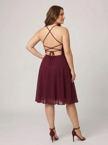 Vestido corto azul y burdeo gasa escote halter