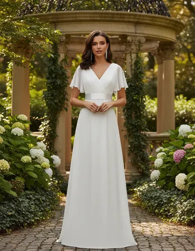 Vestido largo novia gasa blanco escote V