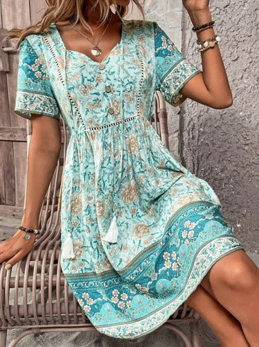 Vestido Corto Verde Estilo Bohemia Multicolor L