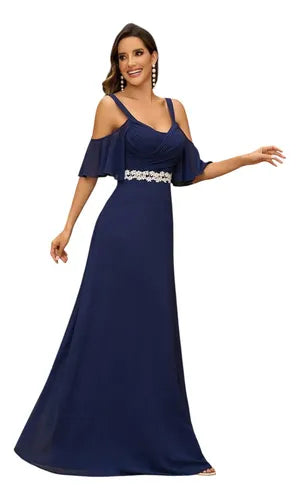 Vestido Fiesta Largo Gasa Matrimonio Bordado Mangas Ep 436