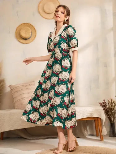 Vestido Largo Estampado Romántico Va 573 Verde Xl