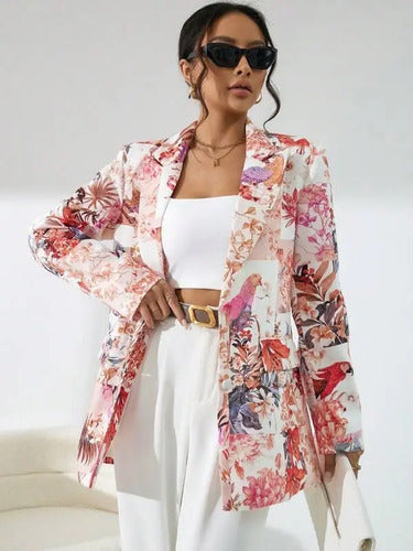 Blazer Forrado Estampado Floral Cuello Esmoquin Botones Bb 19 Rosa M
