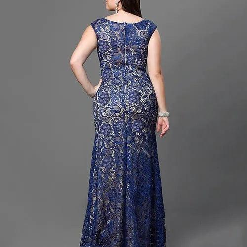 Vestido Fiesta Talla Grande Azul Encaje Vg 77