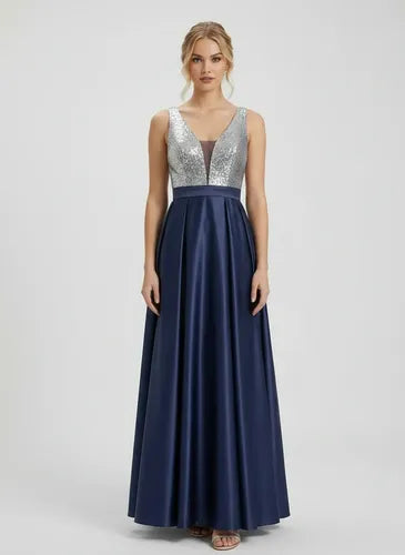 Vestido largo de fiesta evasé con lentejuelas