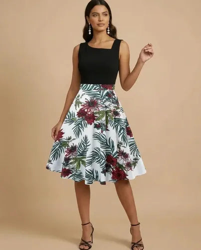Vestido midi floral negro y verde acampanado grande