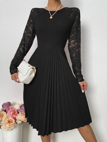 Vestido Plisado Cuello Redondo Manga De Encajes Va 499