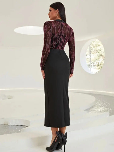 Vestido Ajustado Con Brillos Cuello Cuadrado Mangas Va 492