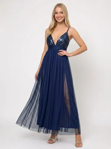 Vestido largo multicolor tul y lentejuelas evasé