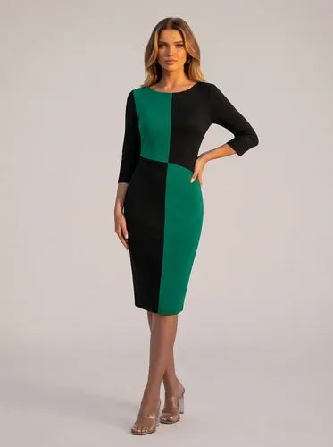 Vestido midi verde bodycon, manga 3/4, oficina