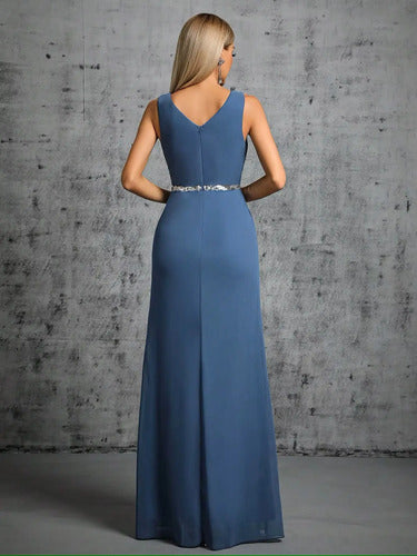 Vestido Largo Mujer Fiesta Escote V Abertura Alta Ep 237 Azul L