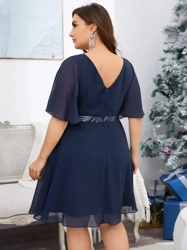 Vestido Fiesta Gasa Lentejuela Talla Grande Escote Vg 93