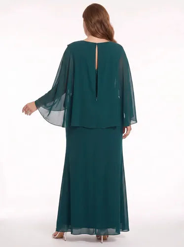 Vestido largo evasé verde manga capa, talla grande