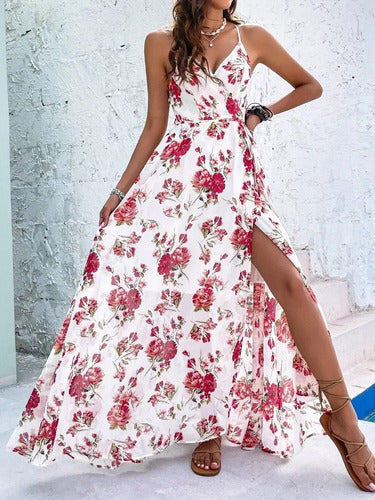 Vestido Maxi Largo Gasa Cruzado Abertura Graduación  Vd 101 Blanco M