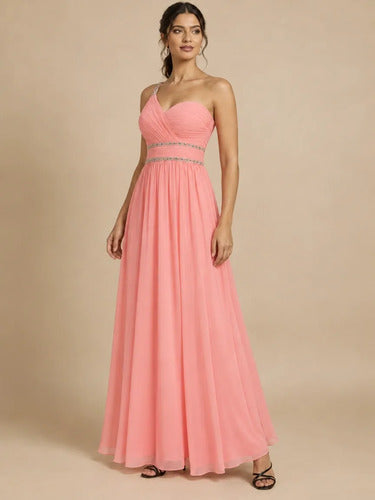 Vestido largo de fiesta gasa rosa escote corazón